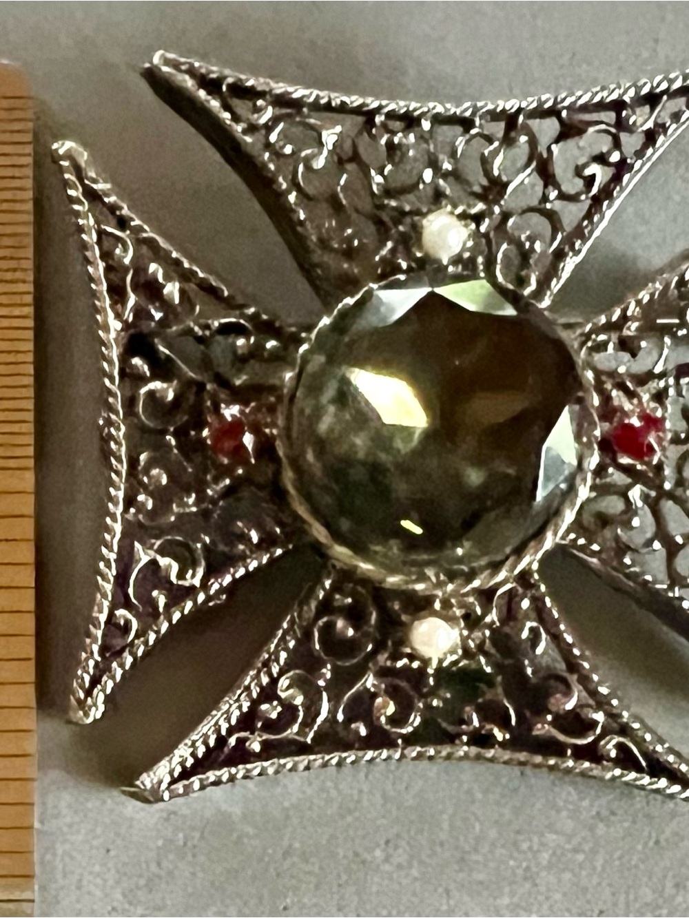Silver Filigree Cross Brooch with Grey Center Stone and Red & White Accents